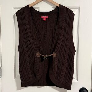 Chaps Cable Knit Sweater Vest Womens XL Brown Cotton Toggle Classic Preppy